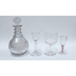 Triple ring neck decanter and stopper, ogee wine glass, small spiral stem wine glass and a rummer