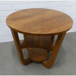 Art Deco walnut table, circular top with undertier, on stylised legs, 51 x 60cm