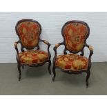 Pair of mahogany framed fauteuil open armchairs with contemporary upholstery . 106 x 64 x 52cm (2)