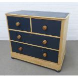 Blue painted pine chest, rectangular top with a rounded edge over two short drawers and two long