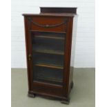 Edwardian mahogany ledgeback music cabinet with glazed door and velvet shelves. 97 x 48 x 40cm