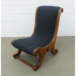 Late 19th / early 20th century mahogany slipper chair, upholstered in striped grey wool fabric,