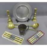 Mixed lot to include brass ladles, pewter plate, brass candlesticks and boxed knives, etc (a lot)