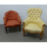 Carved fruitwood and yellow upholstered buttonback armchair together with another of smaller size