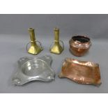 Collection of Arts & Crafts metalwares to include brass candlesticks, pewter dish and a copper