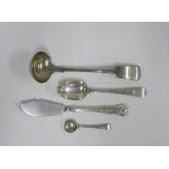 Victorian silver teaspoon, Edinburgh silver butter knife, Epns sauce ladle and a salt spoon (4)