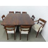 Mahogany d-end dining table together with a matched group of eight chairs to include a carver. 74