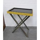 Contemporary Butlers tray on stand, faux leather border and brushed steel metal stand, 80 x 62cm