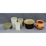 Vintage kitchenalia pottery to include a jelly mould, cylindrical pots, bowl and a terracotta