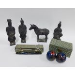Pair of cloisonné stress balls, cloisonné ballpoint pen and four stone figures (6)