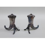 Norwegian silver salt and pepper pots in the form of Viking horns, stamped 830s with makers mark