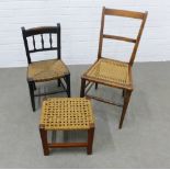 Child's elm chair with woven rush seat, stool with lattice rush seat and a side chair with