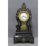 Ebonised lyre shaped Portico clock with abalone and brass inlaid decoration, 53cm high