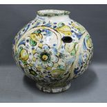 Majolica globular vase with a plugged hole, painted with flowers. 30 x 30cm