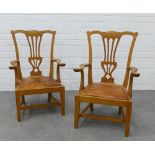 Two Wheeler of Arncroach oak 'Gossip' armchairs with leather drop in seats. 81 x 56 x 44cm.