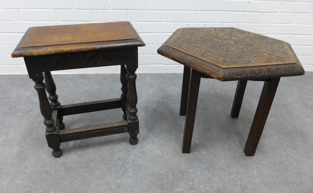 Small oak table with leaf carved hexagonal top together with an oak stool. 46 x 61cm. (2)