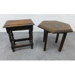 Small oak table with leaf carved hexagonal top together with an oak stool. 46 x 61cm. (2)