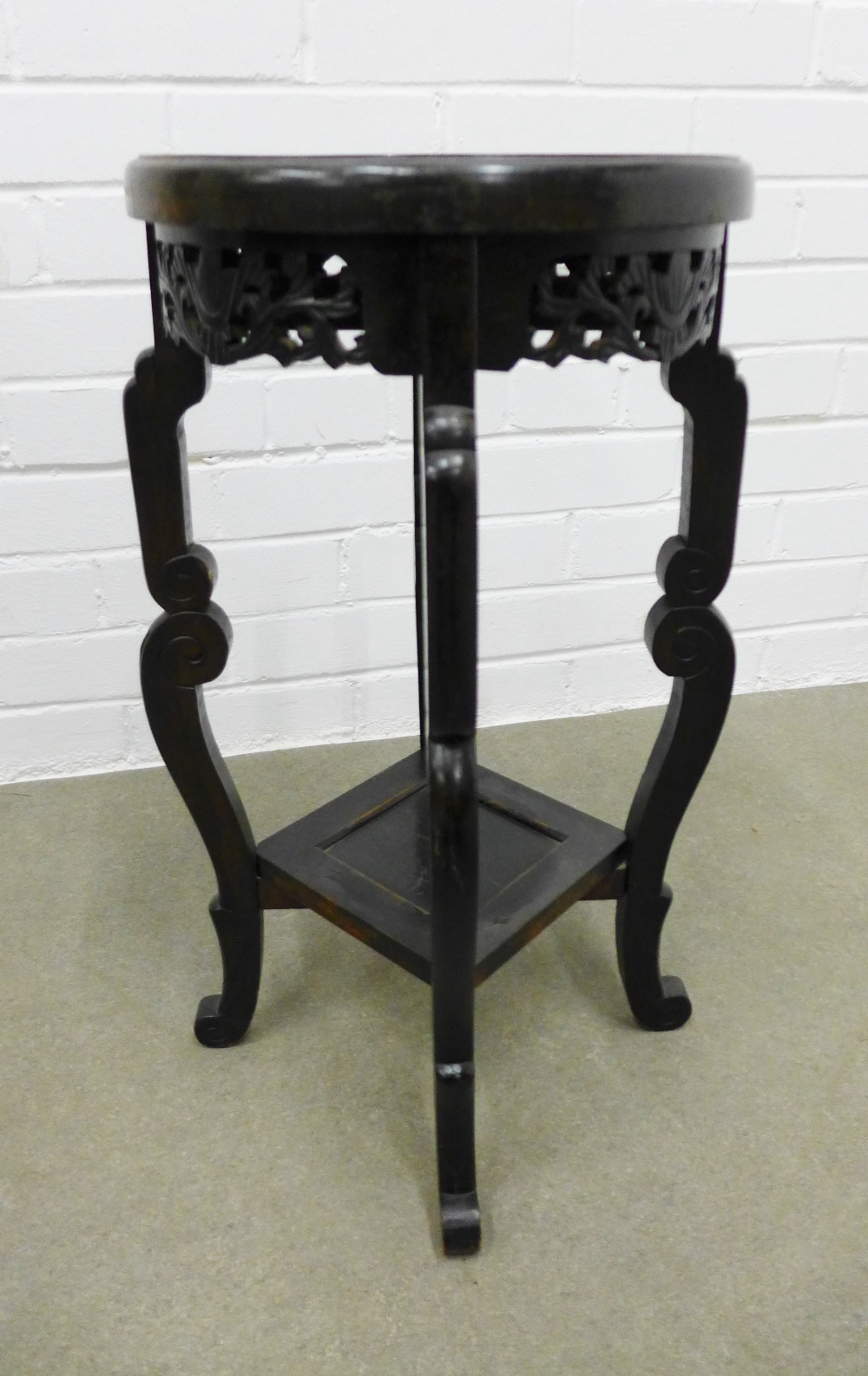 Ebonised chinoiserie two tier jardiniere table, with circular top and stylised pierced frieze, 57 - Image 3 of 3