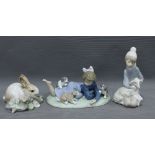 Playful Romp, a Lladro figure group together with a Lladro rabbit and a Lladro figure of a girl with