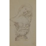 19th century brown ink drawing of a female head, possibly Galatea and monogrammed indistinctly,