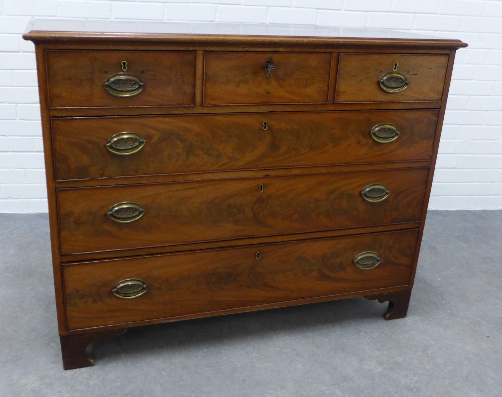 19th century mahogany chest with three short and three long drawers, on bracket feet. 94 x 121 x