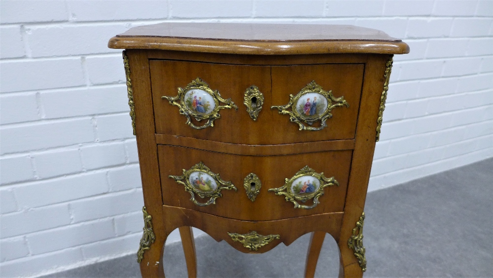 French style mahogany serpentine cabinet, two drawers with ormolu and porcelain mounts, on - Image 3 of 3