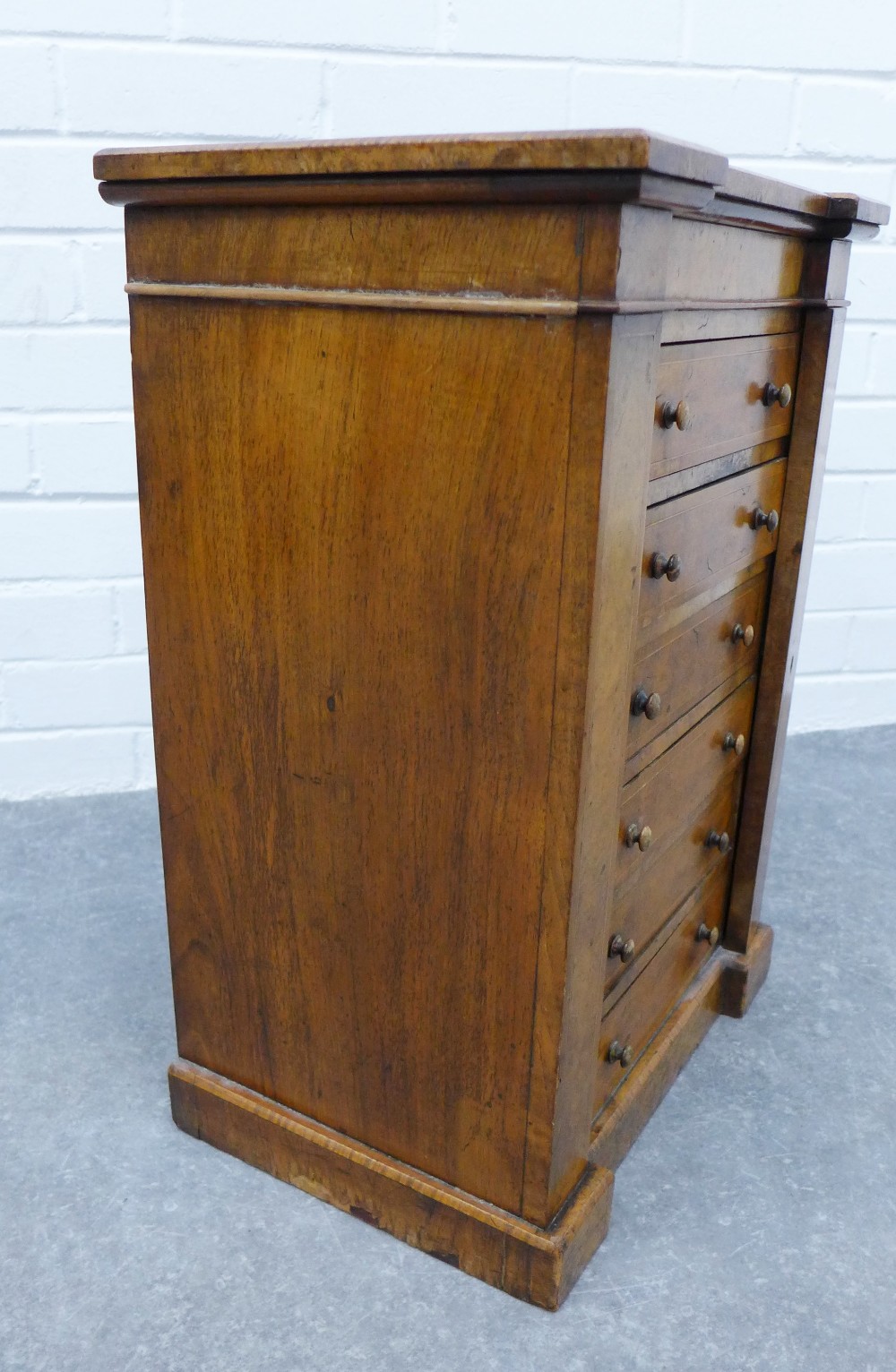 A miniature Victorian walnut Wellington chest, with inverted top over six drawers with wellington - Image 4 of 4