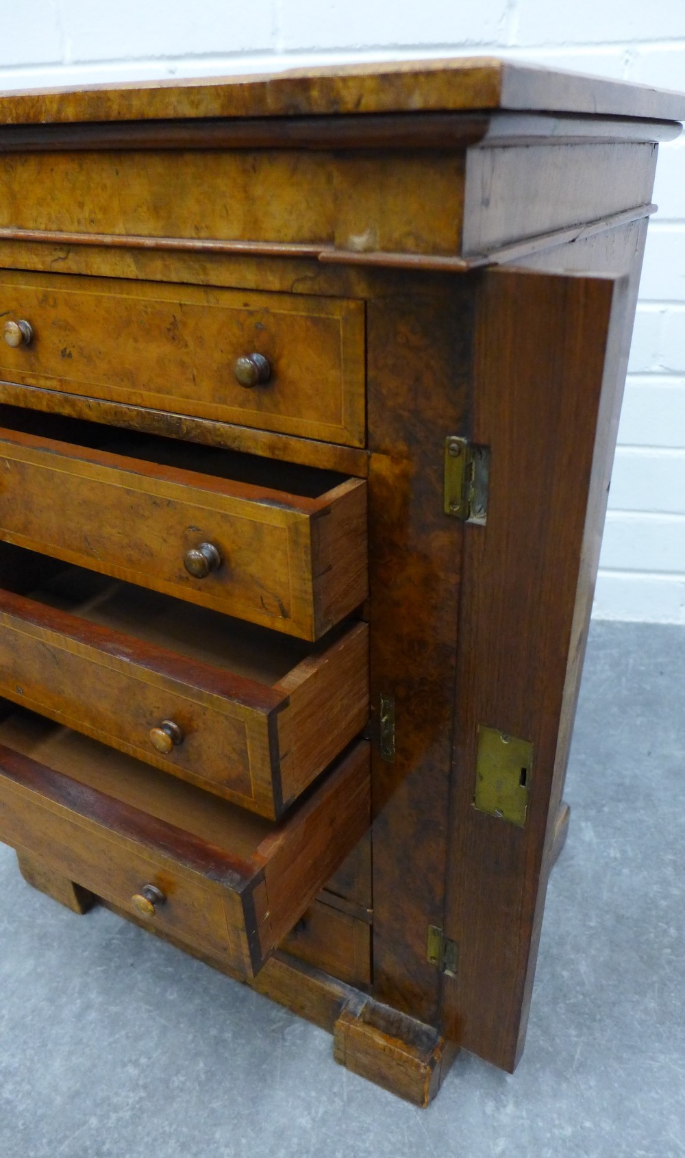 A miniature Victorian walnut Wellington chest, with inverted top over six drawers with wellington - Image 3 of 4