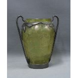 Art Nouveau green glass vase with stylised pewter mounts, 19cm