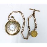 9ct gold watch chain with 9ct gold T-bar, hung with a South Africa 1898 one Pond gold coin