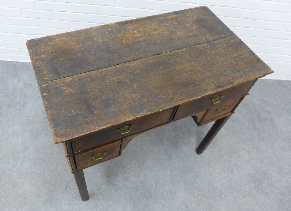 Georgian oak and walnut veneered lowboy, the rectangular top over four frieze drawers with brass - Image 2 of 3