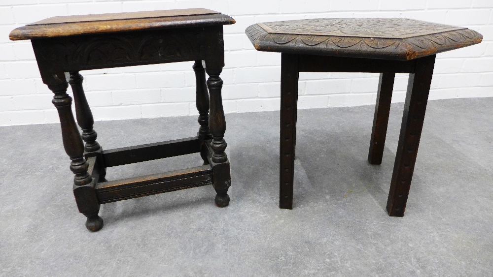 Small oak table with leaf carved hexagonal top together with an oak stool. 46 x 61cm. (2) - Image 3 of 3