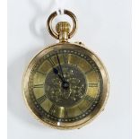 14ct gold cased fob watch with a foliate engraved dial with roman numerals and blue steel hands,