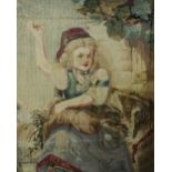 Large tapestry of a girl and her dog, under glass within an ornate gilt frame, size overall 95 x