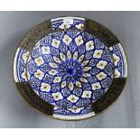 Moroccan pottery bowl with brass mounts, 40cm diameter