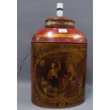 Red toleware chinoiserie tea caddy and cover, converted to a lamp base (a/f) 45cm excluding light
