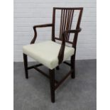 19th century mahogany open armchair with upholstered stuff over seat. 93 x 57 x 46cm.