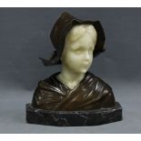 Art Nouveau bronze and white marble bust of a Dutch girl, signed 'G. Moerlin',