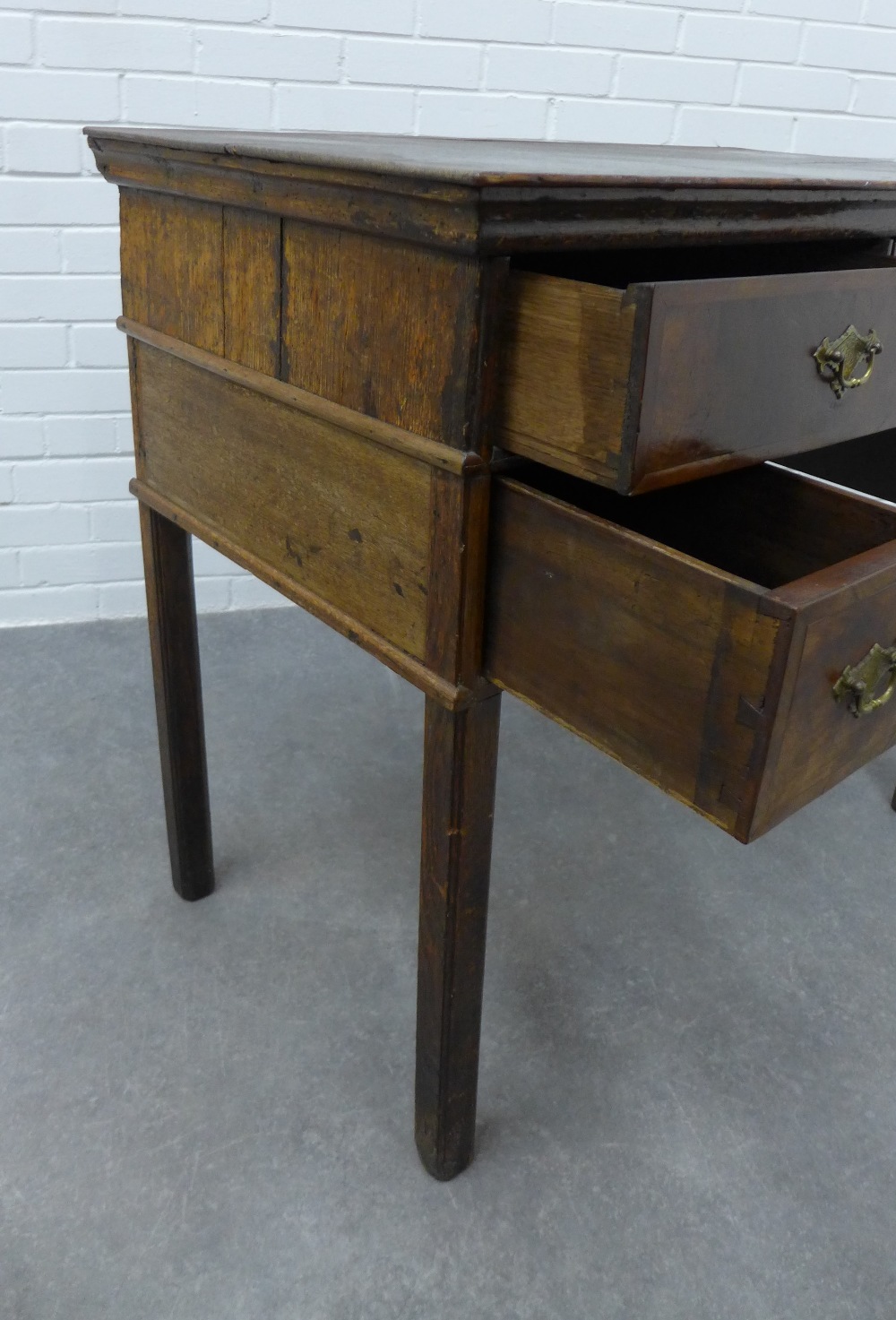 Georgian oak and walnut veneered lowboy, the rectangular top over four frieze drawers with brass - Image 3 of 3
