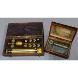 19th century miniature music box, rosewood case and playing three airs, Sykes Hydrometer and a