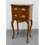 French style mahogany serpentine cabinet, two drawers with ormolu and porcelain mounts, on