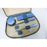 Asprey of London silver and blue enamel manicure set in original blue leather case, comprising