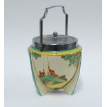 Clarice Cliff 'Secrets' Fantasque Bizarre biscuit barrel, with a chrome plated handle and cover,