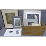 Vintage wooden crate containing various prints and etchings, (a lot)