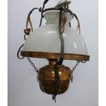 Copper art nouveau gas ceiling light with glass shade, 45 x 40cm