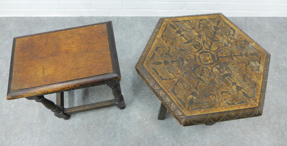 Small oak table with leaf carved hexagonal top together with an oak stool. 46 x 61cm. (2) - Image 2 of 3