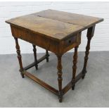 Walnut fold over gateleg table with a short drawer to each side. 74 x 75 x 66cm. (a/f with bowed