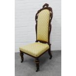 19th century mahogany high back chair with shell carved top rail, upholstered seat and back, on