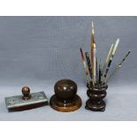 A collection of quill holders to include agate examples, a wooden quill stand, art nouveau ink