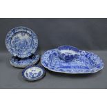 Staffordshire blue and white transfer printed pottery to include a set of five plates, willow